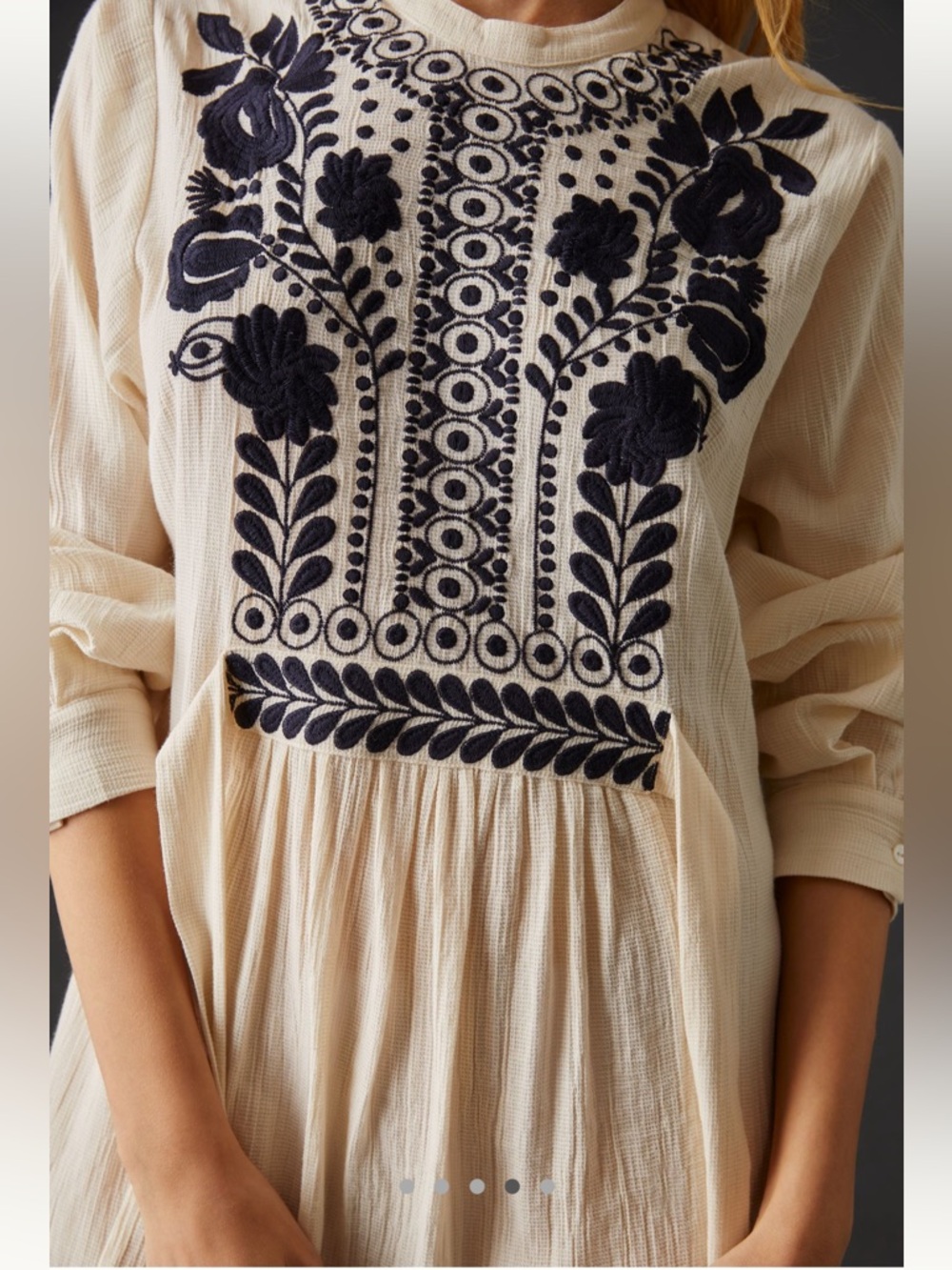 Anthropologie Antik Batik Cotton Ivory Long-Sleeve Black Embroidered Dress - Picture 3 of 16